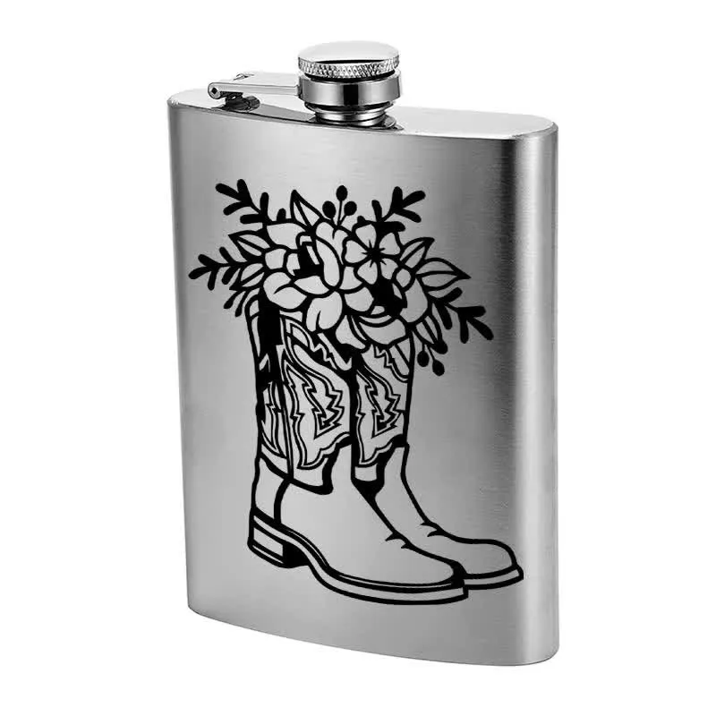 2-10 oz Boots With Flowers Laser Pattern Stainless Steel Portable Flask