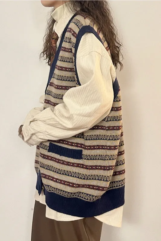 American Retro Loose V-Neck Knit Cardigan Striped Vest Sweater