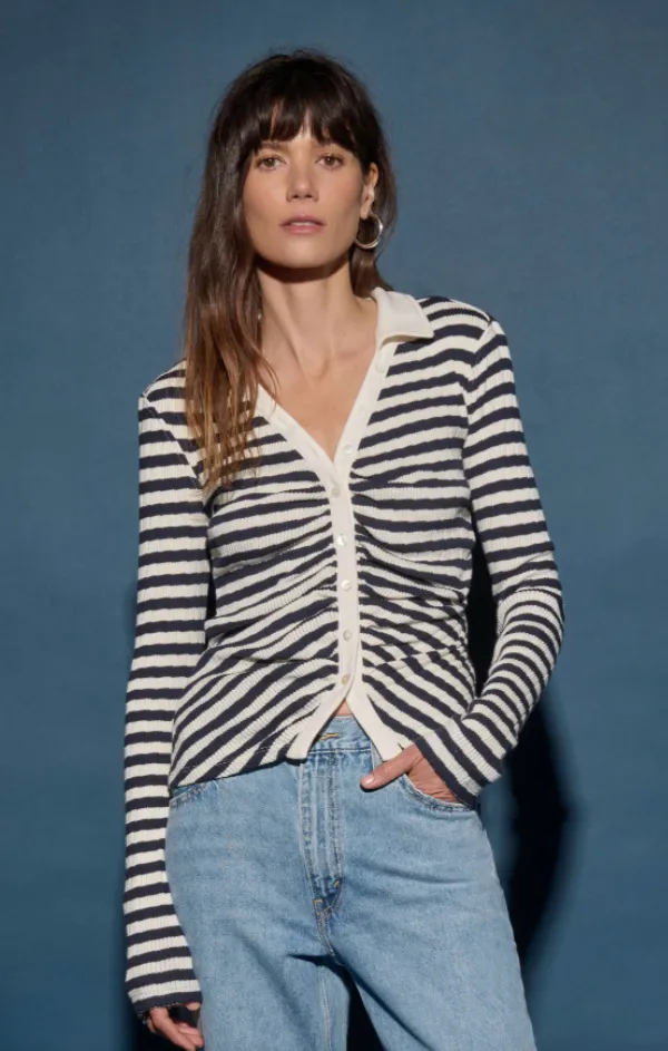 Ami Henley Pointelle Stripe Top