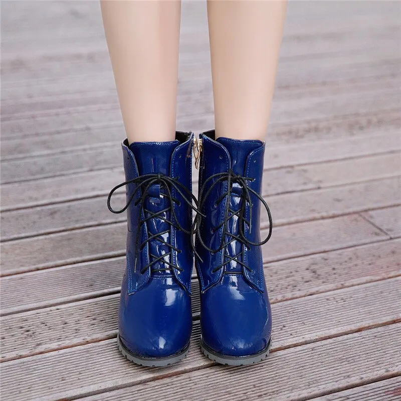 Amozae- Lace up Ankle Boots For Women 2024 Winter Autumn Women's Ankle Boots Fashion Patent Leather Red Black Blue Shoes Lady Large size