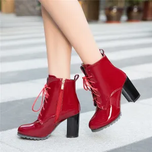 Amozae- Lace up Ankle Boots For Women 2024 Winter Autumn Women's Ankle Boots Fashion Patent Leather Red Black Blue Shoes Lady Large size