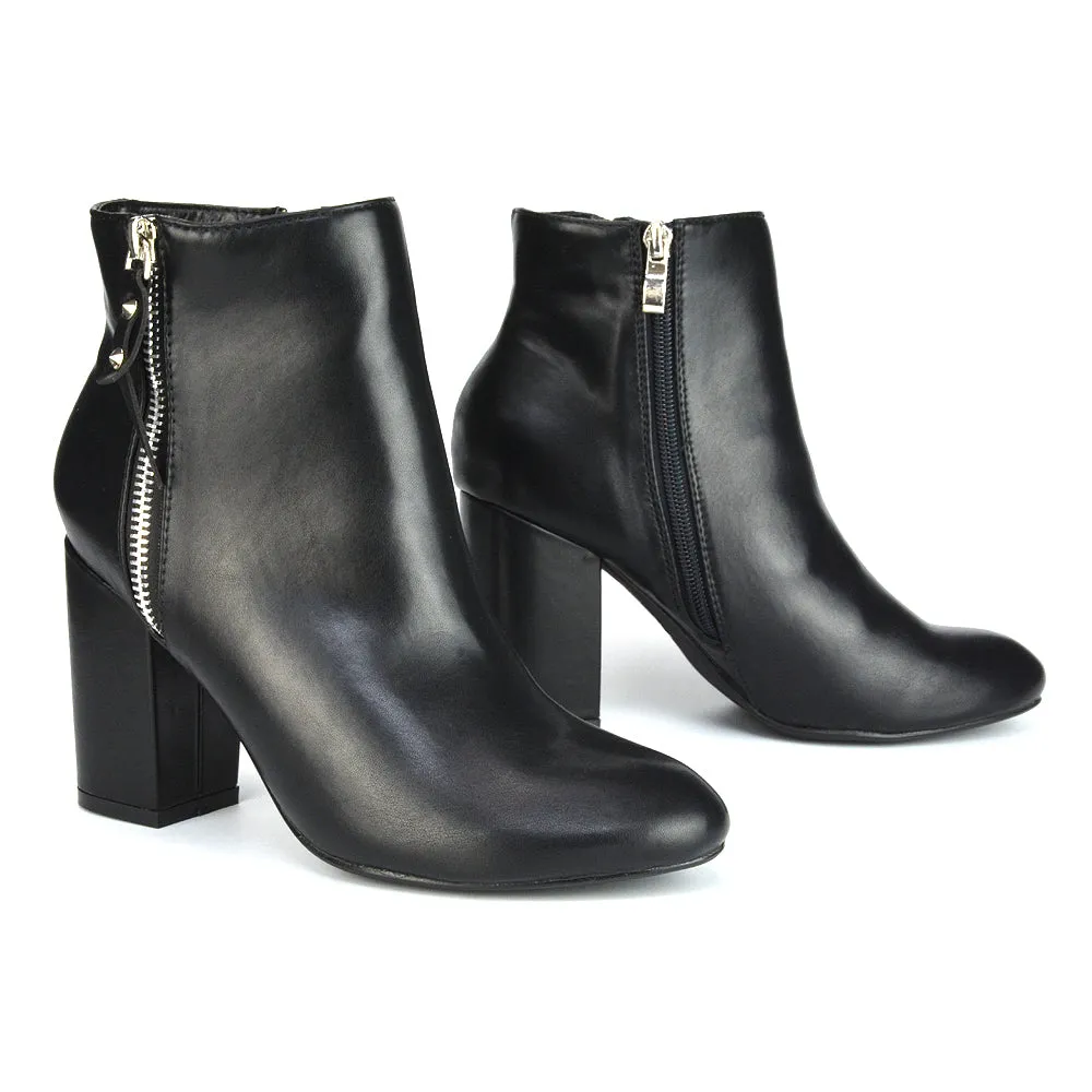 Andrea Pointed Toe Zip Up Statement High Block Heel Ankle Boots In Black Synthetic Leather