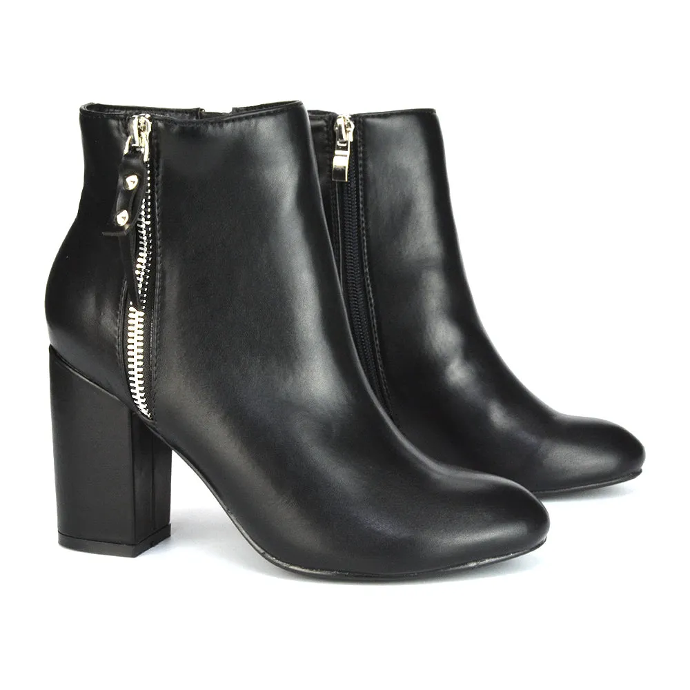 Andrea Pointed Toe Zip Up Statement High Block Heel Ankle Boots In Black Synthetic Leather