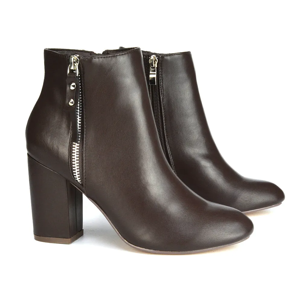 Andrea Pointed Toe Zip Up Statement High Block Heel Ankle Boots In Black Synthetic Leather