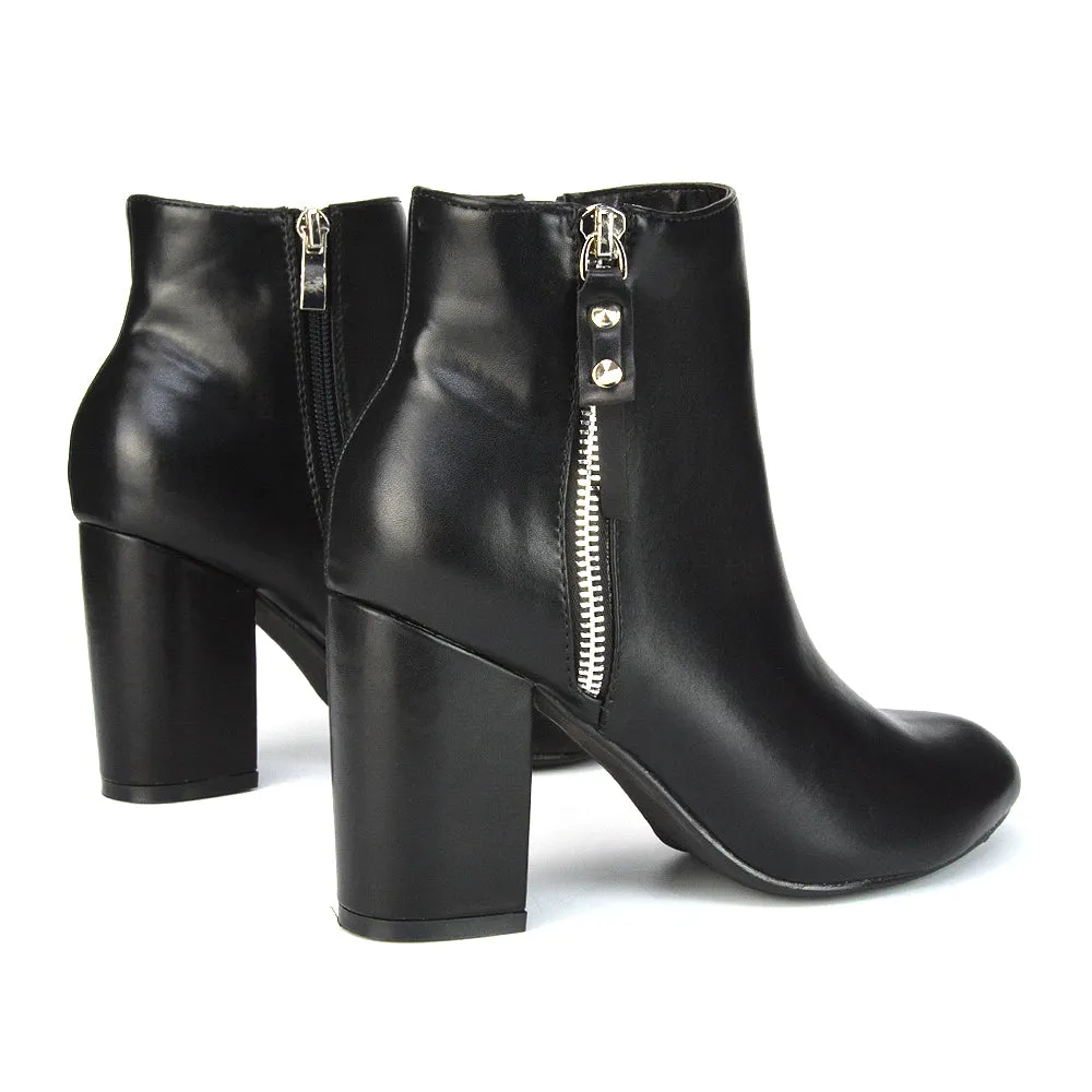 Andrea Pointed Toe Zip Up Statement High Block Heel Ankle Boots In Black Synthetic Leather