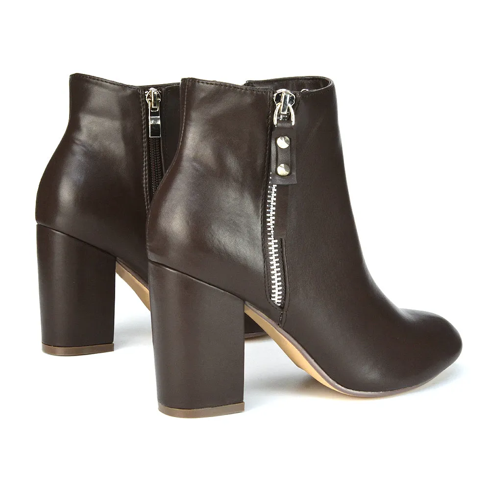 Andrea Pointed Toe Zip Up Statement High Block Heel Ankle Boots In Black Synthetic Leather