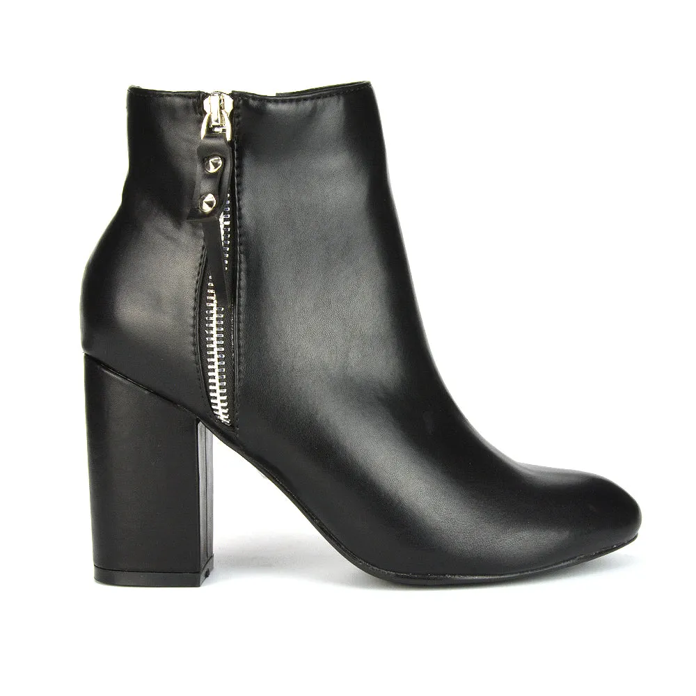 Andrea Pointed Toe Zip Up Statement High Block Heel Ankle Boots In Black Synthetic Leather