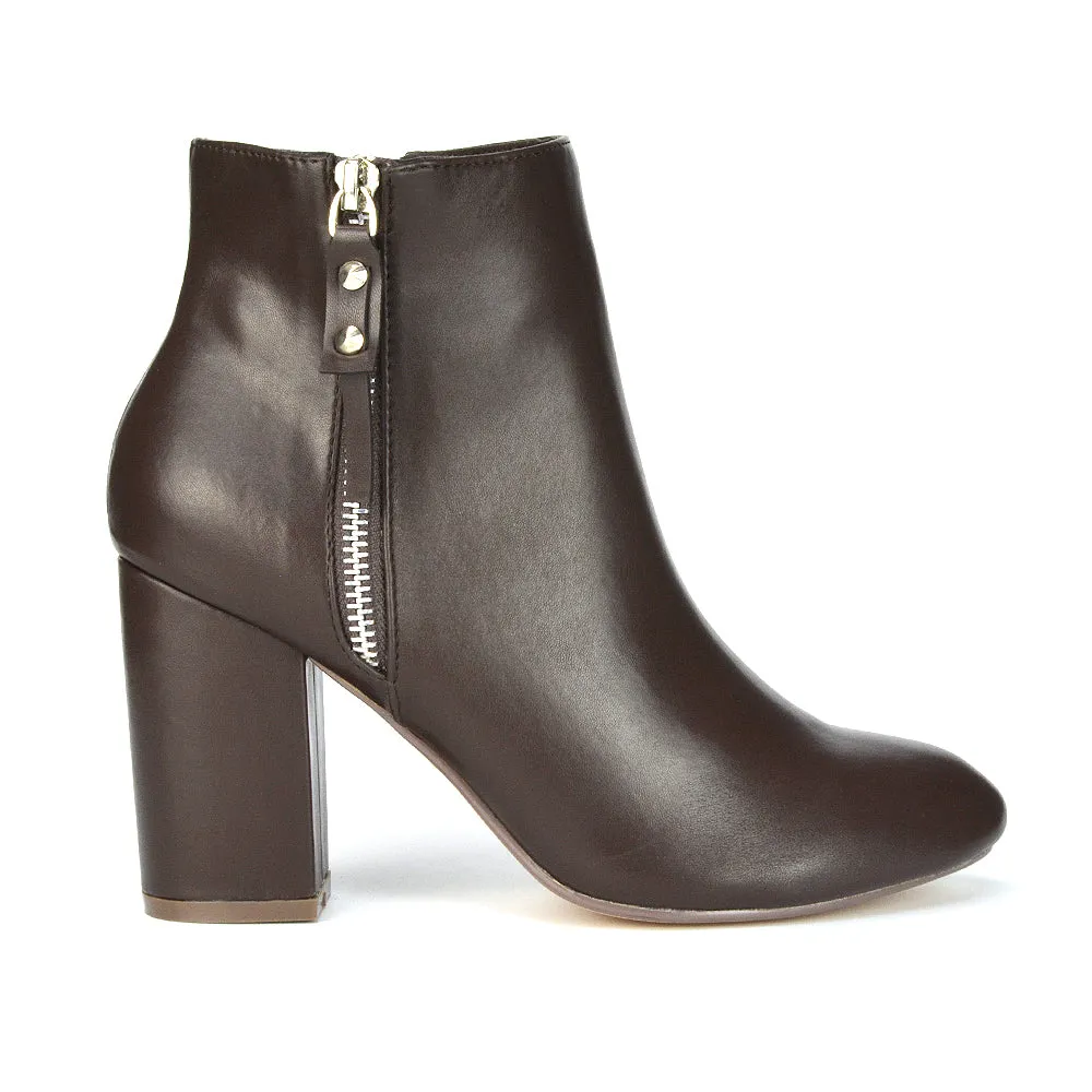 Andrea Pointed Toe Zip Up Statement High Block Heel Ankle Boots In Black Synthetic Leather