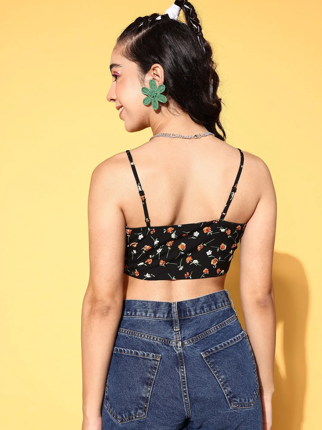 Berrylush Women Black & Orange Floral Printed Square Neck Crepe Crop Top