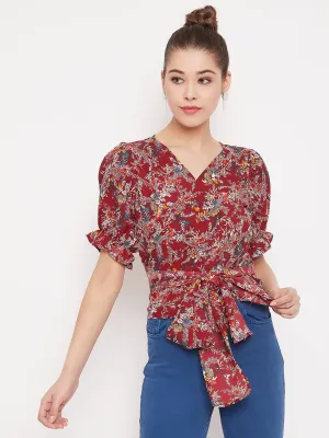 Berrylush Women Maroon Floral Printed V-Neck Wrap Top