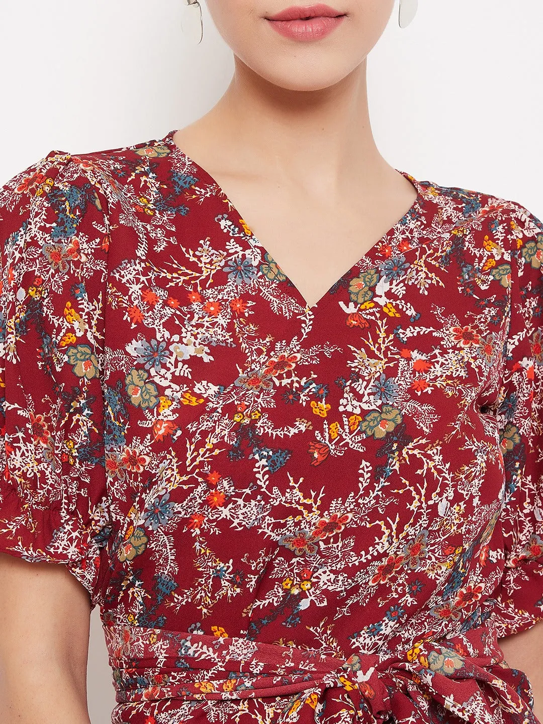 Berrylush Women Maroon Floral Printed V-Neck Wrap Top