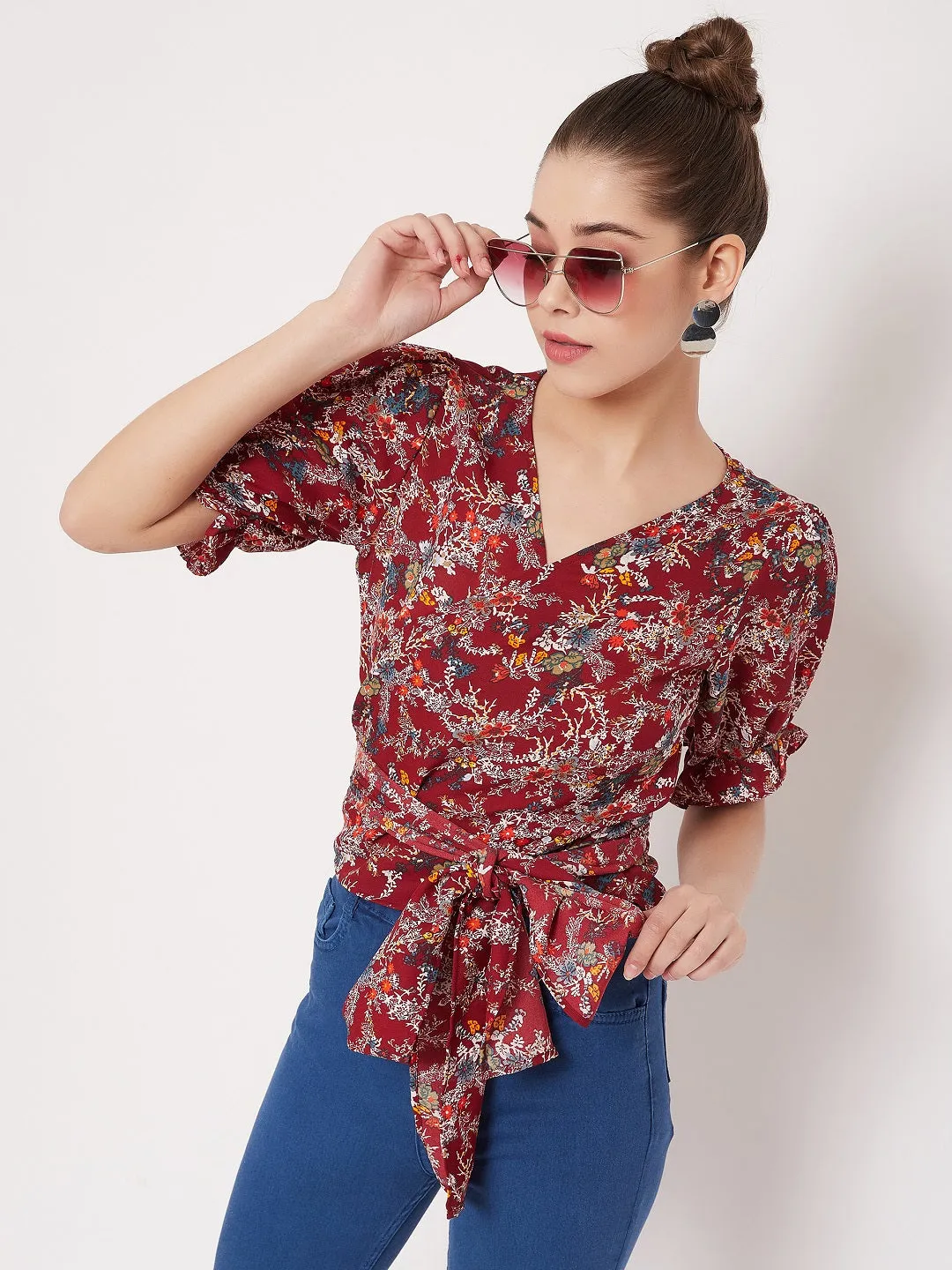 Berrylush Women Maroon Floral Printed V-Neck Wrap Top