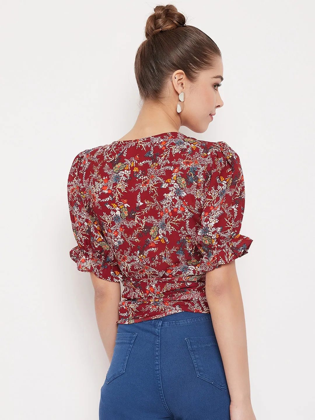 Berrylush Women Maroon Floral Printed V-Neck Wrap Top