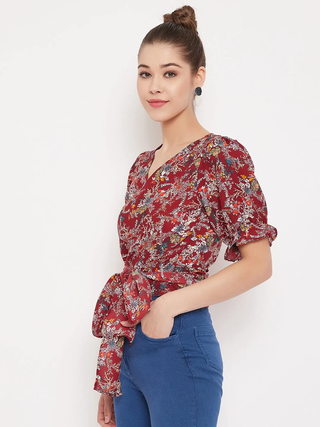 Berrylush Women Maroon Floral Printed V-Neck Wrap Top