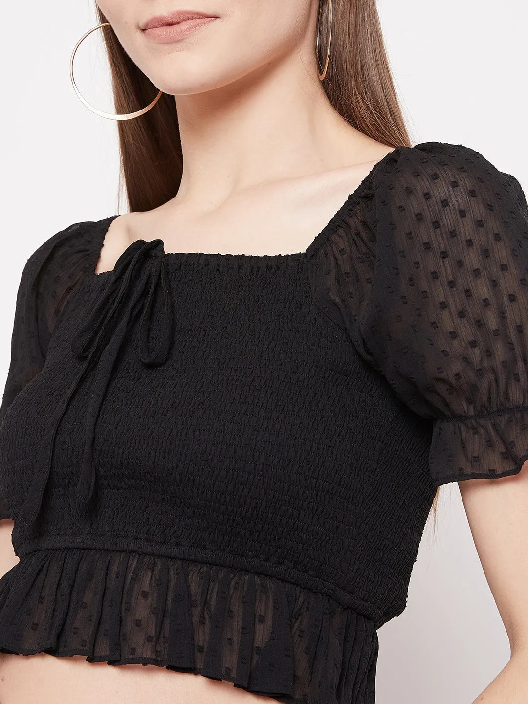 Berrylush Women Solid Black Lace Tie-Up Smocked Crop Top