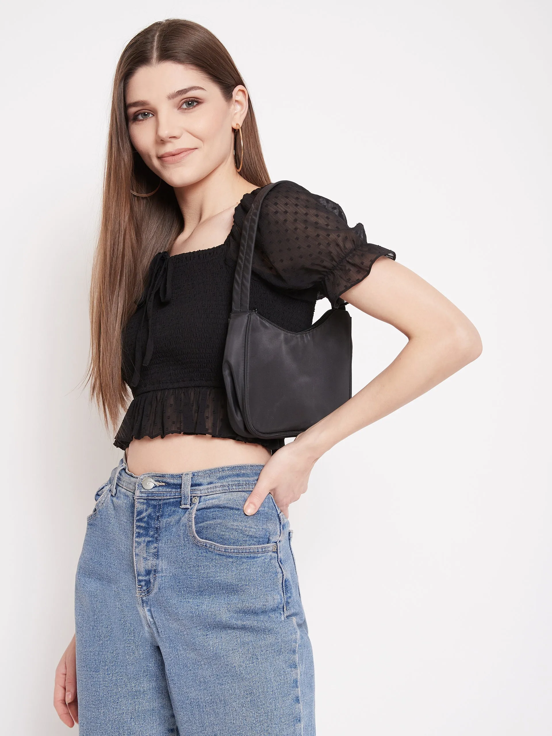 Berrylush Women Solid Black Lace Tie-Up Smocked Crop Top