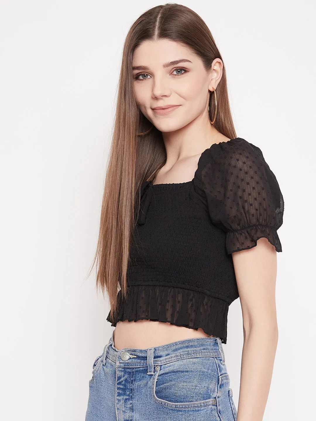 Berrylush Women Solid Black Lace Tie-Up Smocked Crop Top