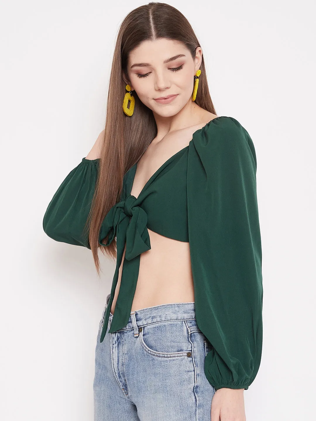 Berrylush Women Solid Green Bishop Sleeve Crop Milkmaid Top