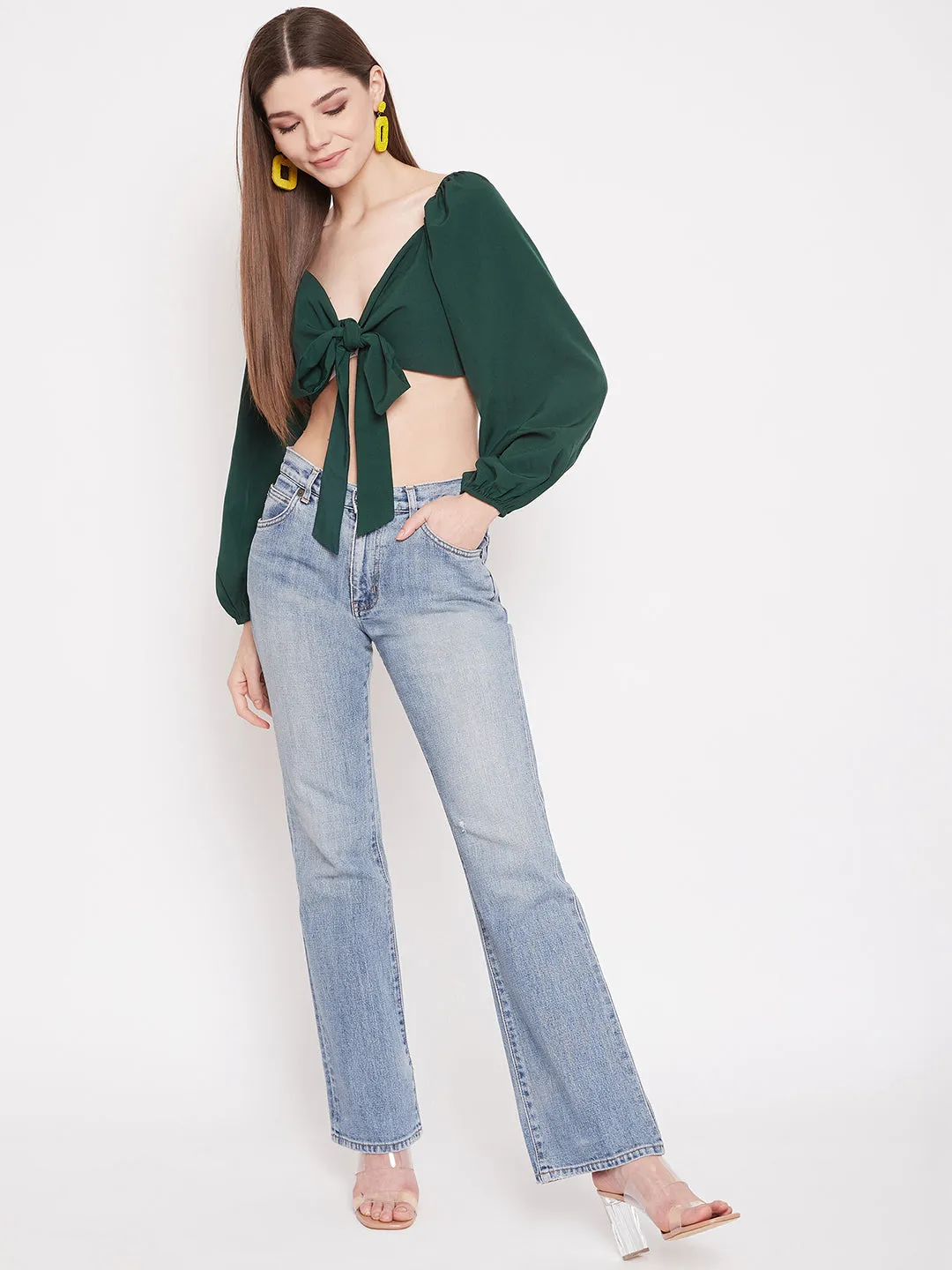 Berrylush Women Solid Green Bishop Sleeve Crop Milkmaid Top