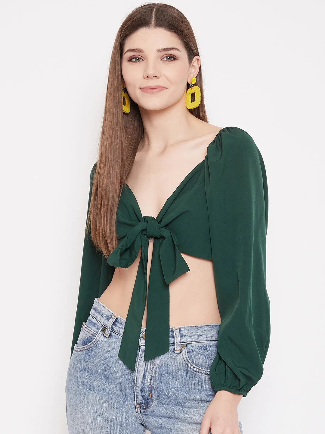 Berrylush Women Solid Green Bishop Sleeve Crop Milkmaid Top