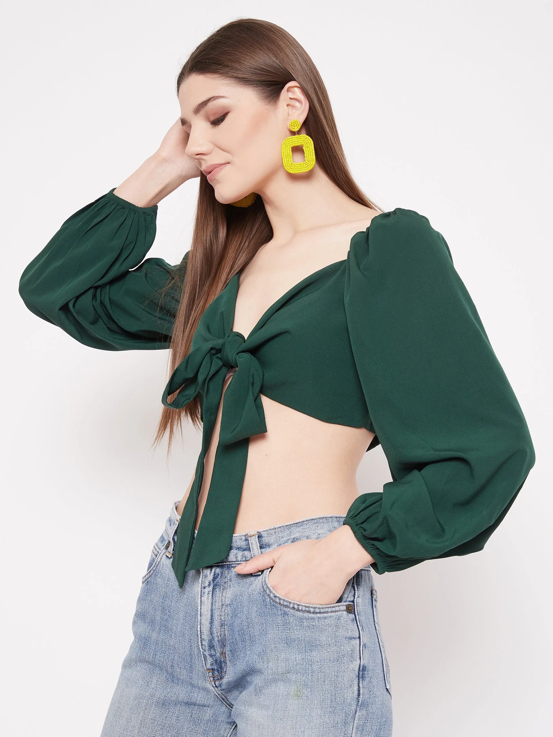 Berrylush Women Solid Green Bishop Sleeve Crop Milkmaid Top