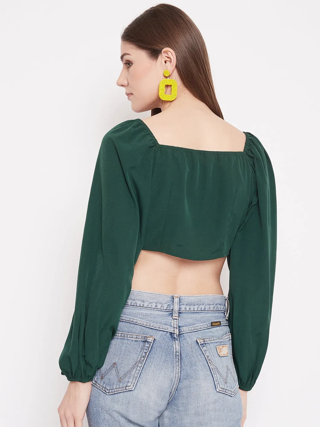 Berrylush Women Solid Green Bishop Sleeve Crop Milkmaid Top