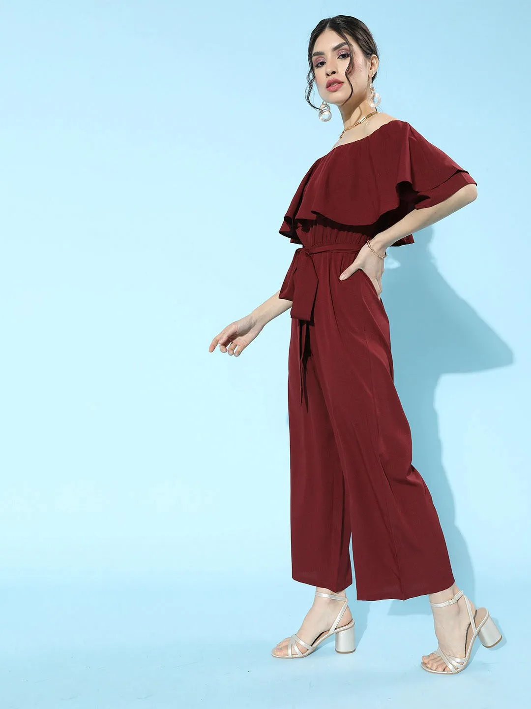 Berrylush Women Solid Maroon Off Shoulder Culotte Jumpsuit