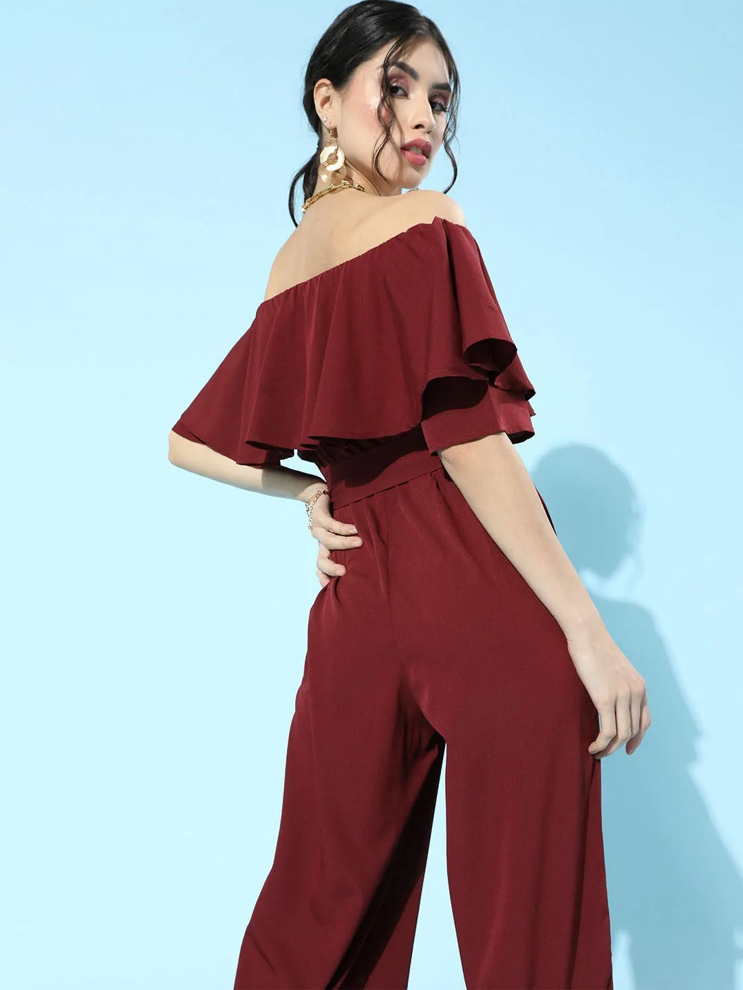 Berrylush Women Solid Maroon Off Shoulder Culotte Jumpsuit