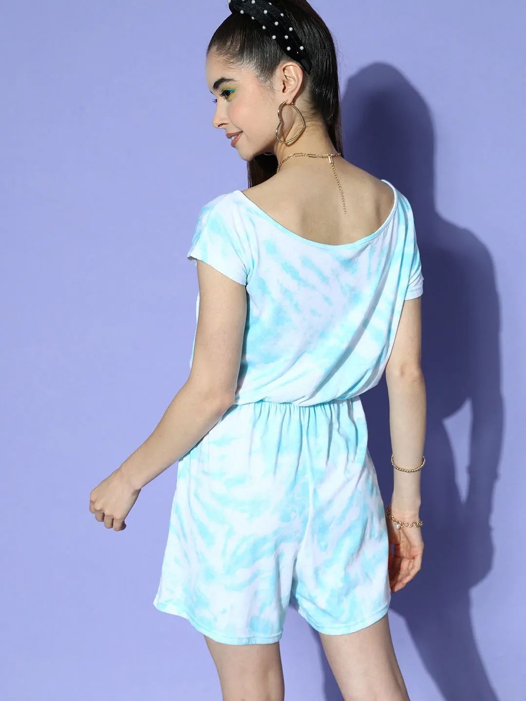 Berrylush Women Turquoise Blue & White Tie-Dye Printed Round Neck Two-Pocket Tie-Up Waist Cotton Mini Jumpsuit