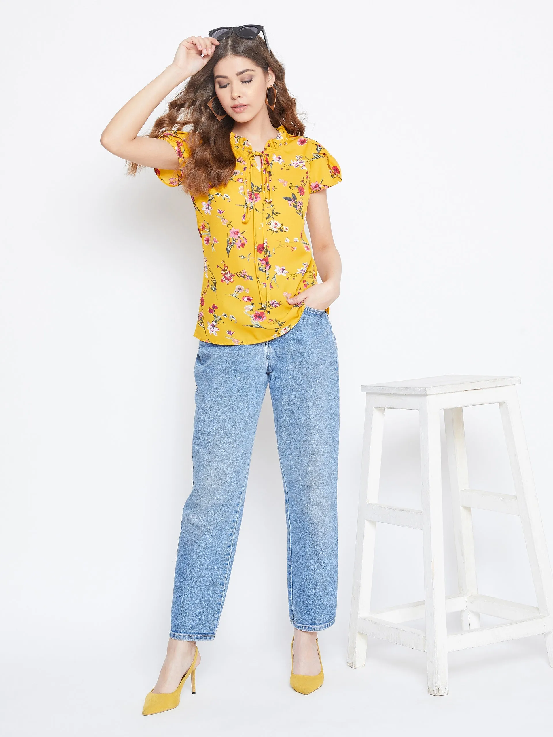 Berrylush Women Yellow Floral Printed Tie-Up Neck Top