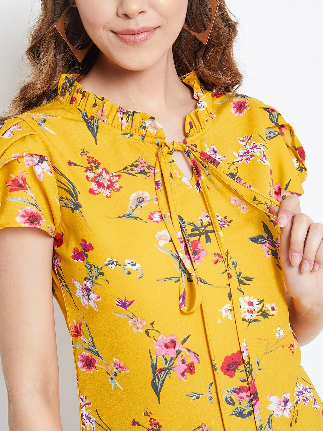 Berrylush Women Yellow Floral Printed Tie-Up Neck Top