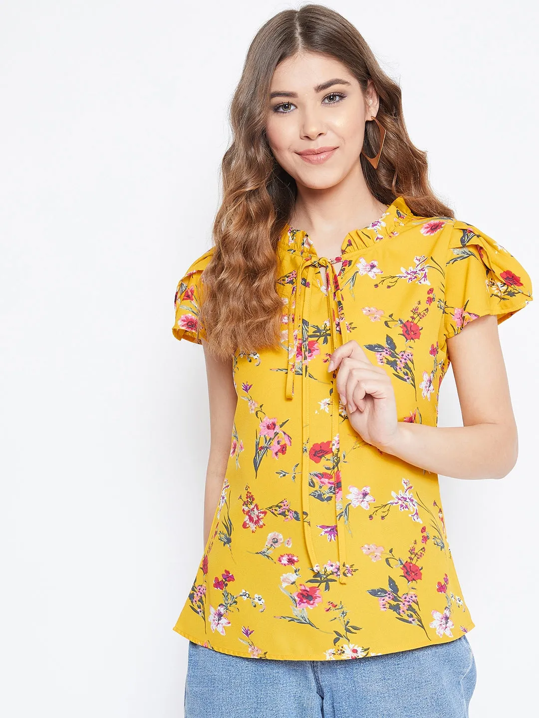 Berrylush Women Yellow Floral Printed Tie-Up Neck Top