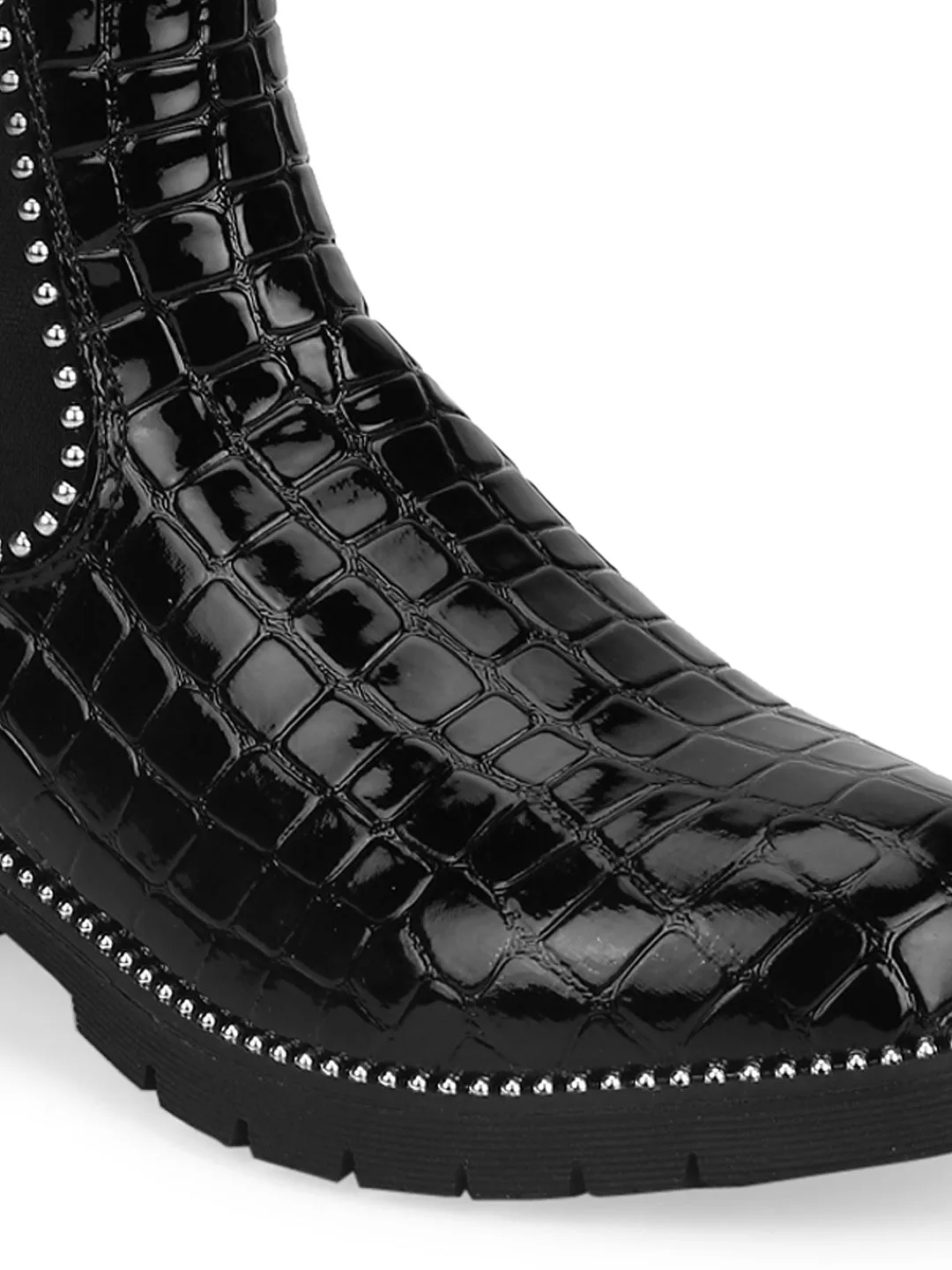 Black Croc Patent Studded Ankle Boots