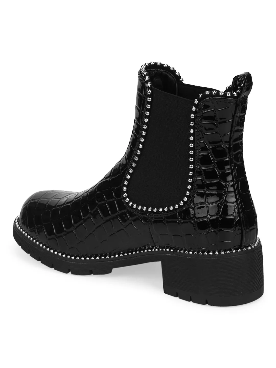 Black Croc Patent Studded Ankle Boots