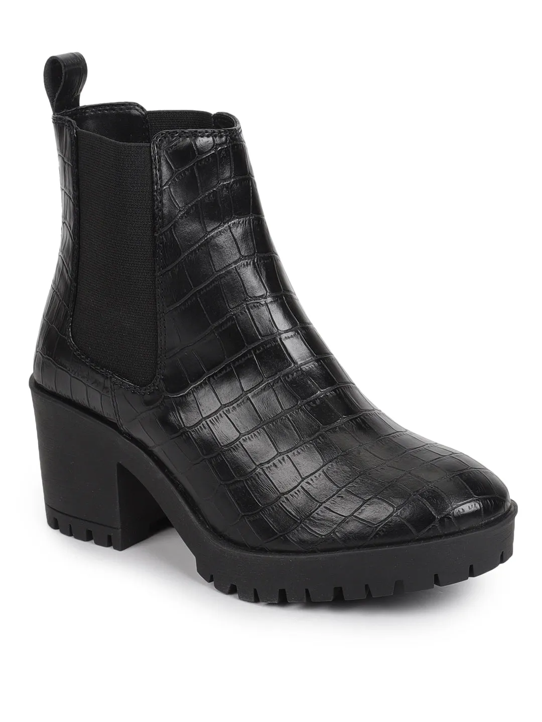 Black Croc PU Block Ankle Boots (TC-ST-1291-BLKCROC)