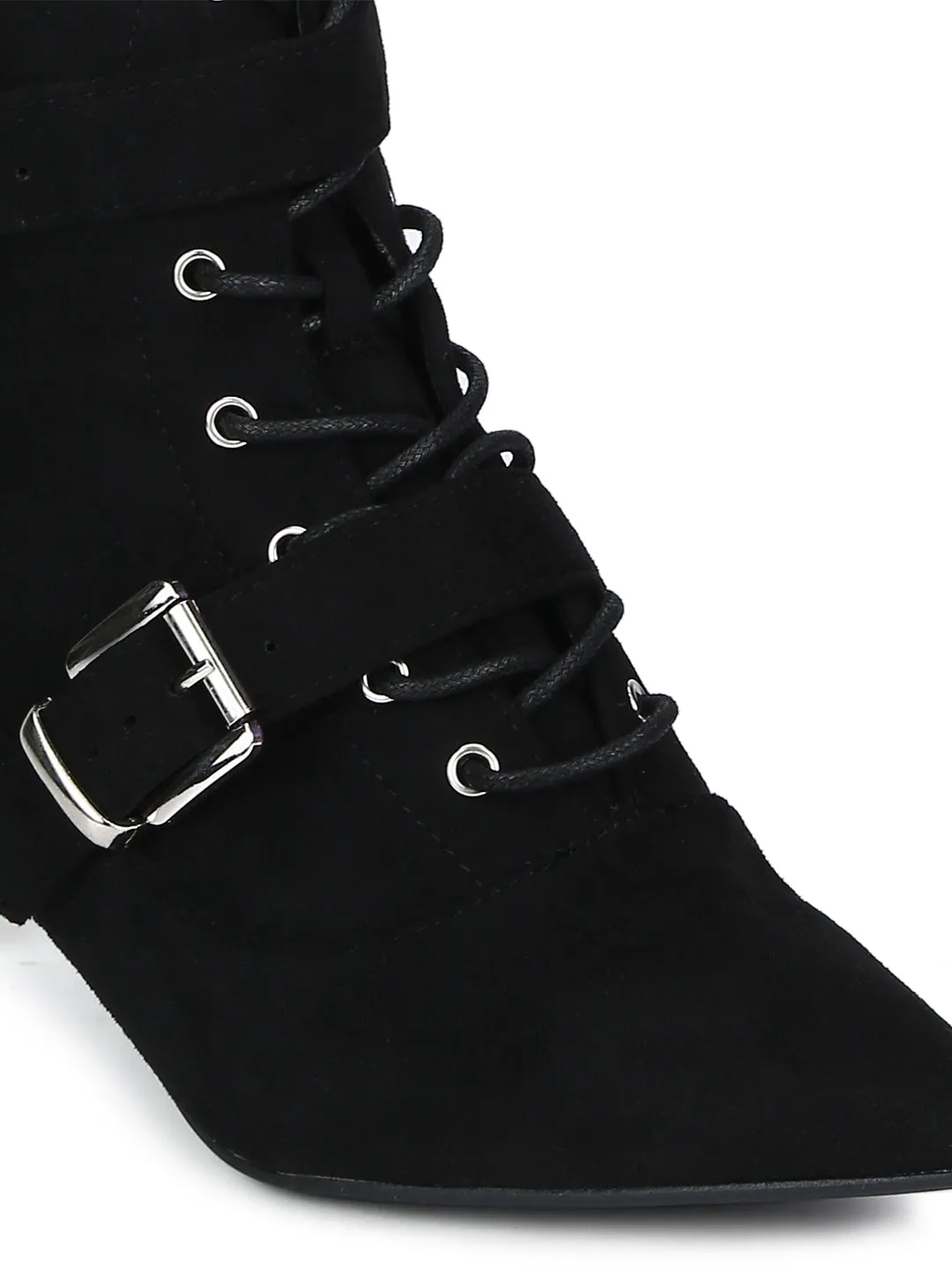 Black Micro Double Buckle Lace-up Ankle Boots