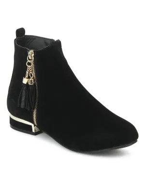 Black Microfibretassled Flat Ankle Boots