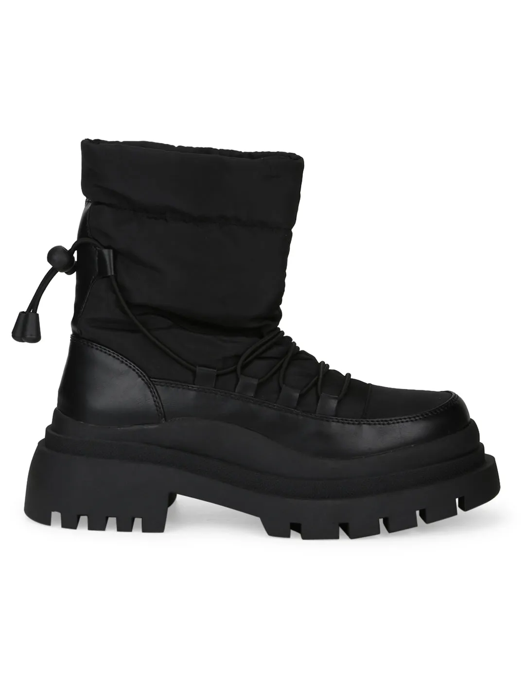 Black PU Quilted Lace Up Snow Fur Boots