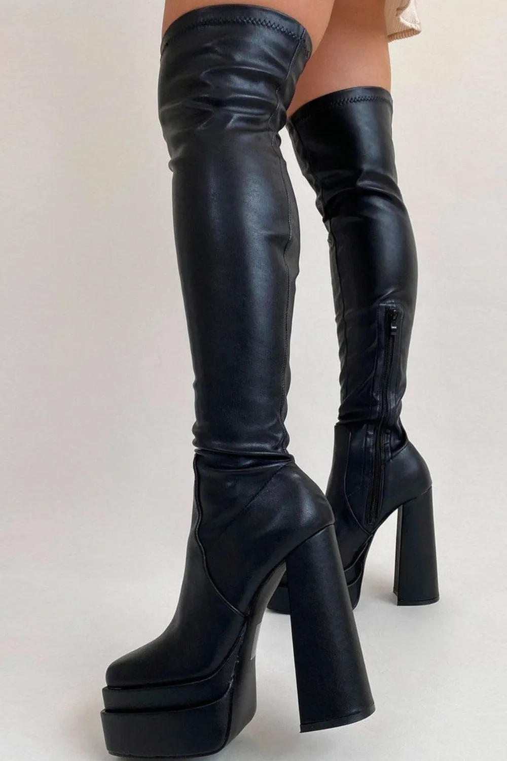 Black PU Square Toe Block Heel Knee High Stretch Boots