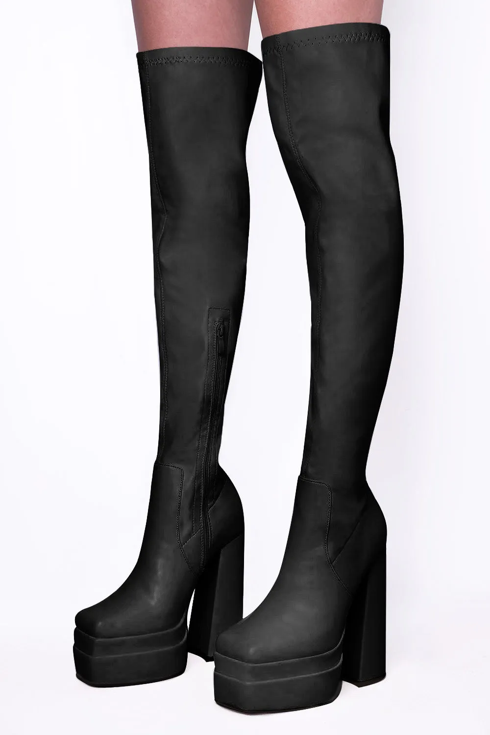 Black PU Square Toe Block Heel Knee High Stretch Boots