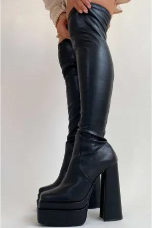 Black PU Square Toe Block Heel Knee High Stretch Boots