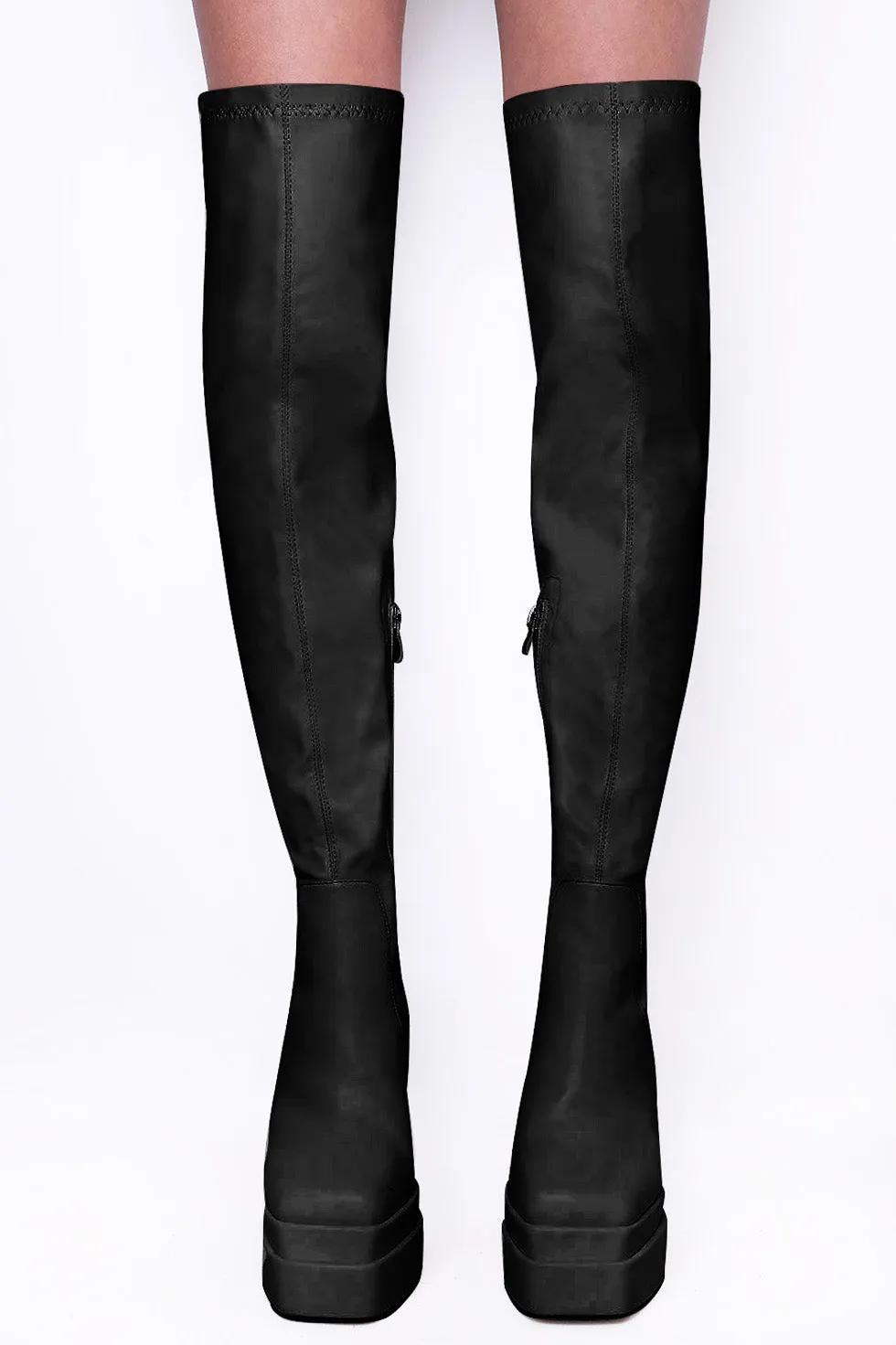 Black PU Square Toe Block Heel Knee High Stretch Boots