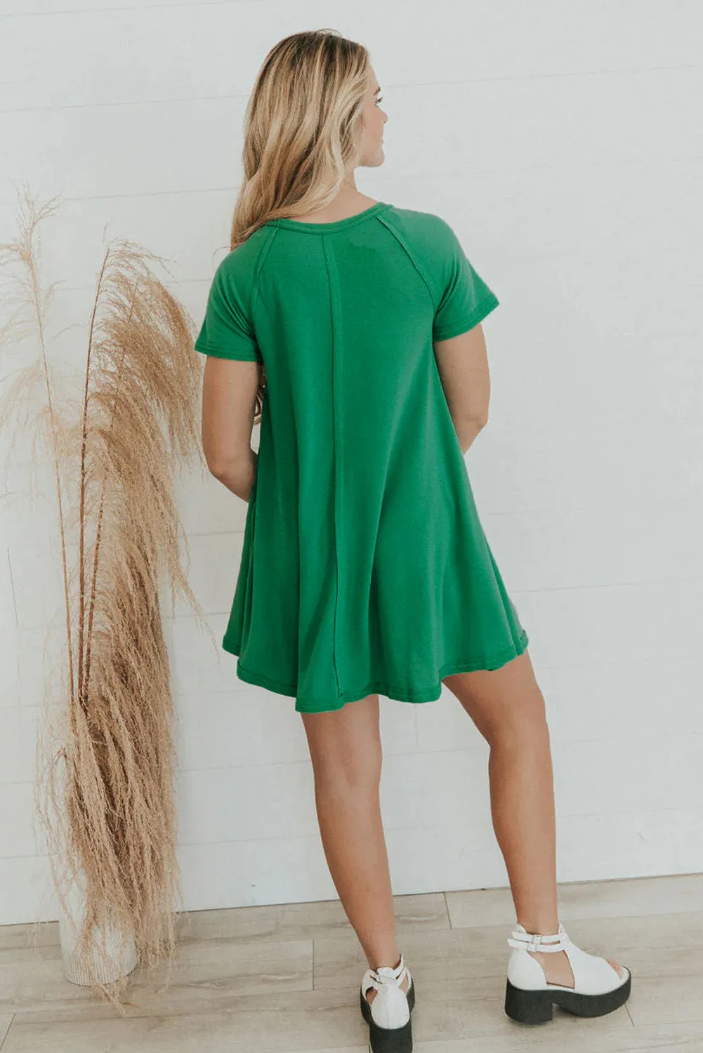 Bright Green Solid Color Center Seam T Shirt Dress