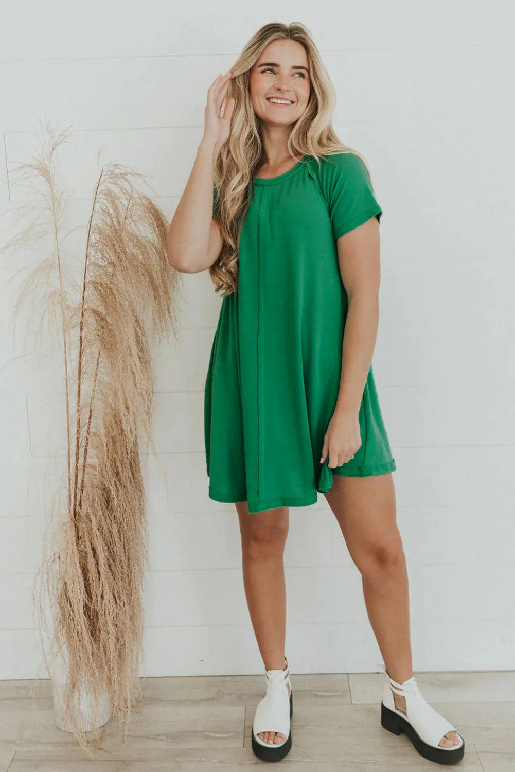 Bright Green Solid Color Center Seam T Shirt Dress