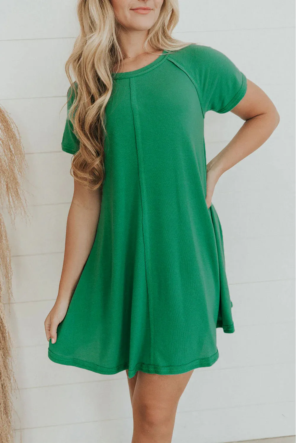 Bright Green Solid Color Center Seam T Shirt Dress