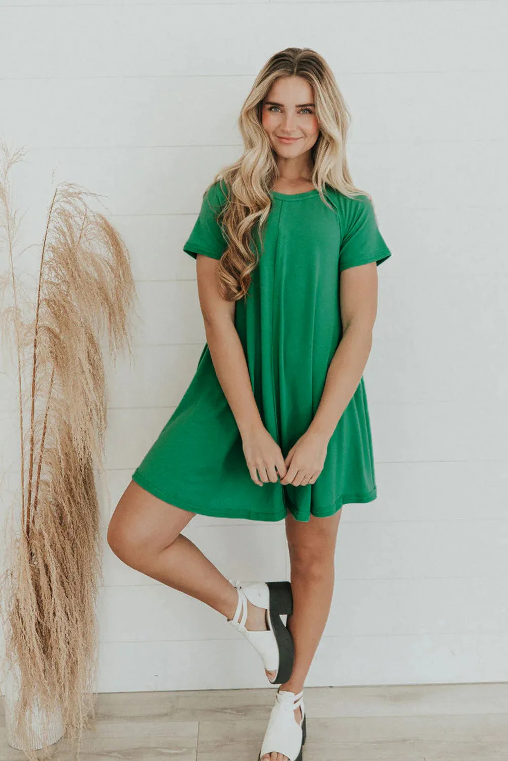 Bright Green Solid Color Center Seam T Shirt Dress