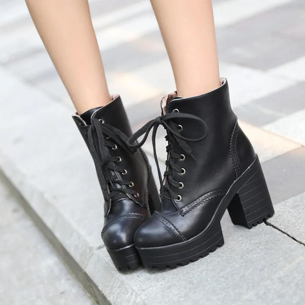 brogue square High Heels women Ankle Boots