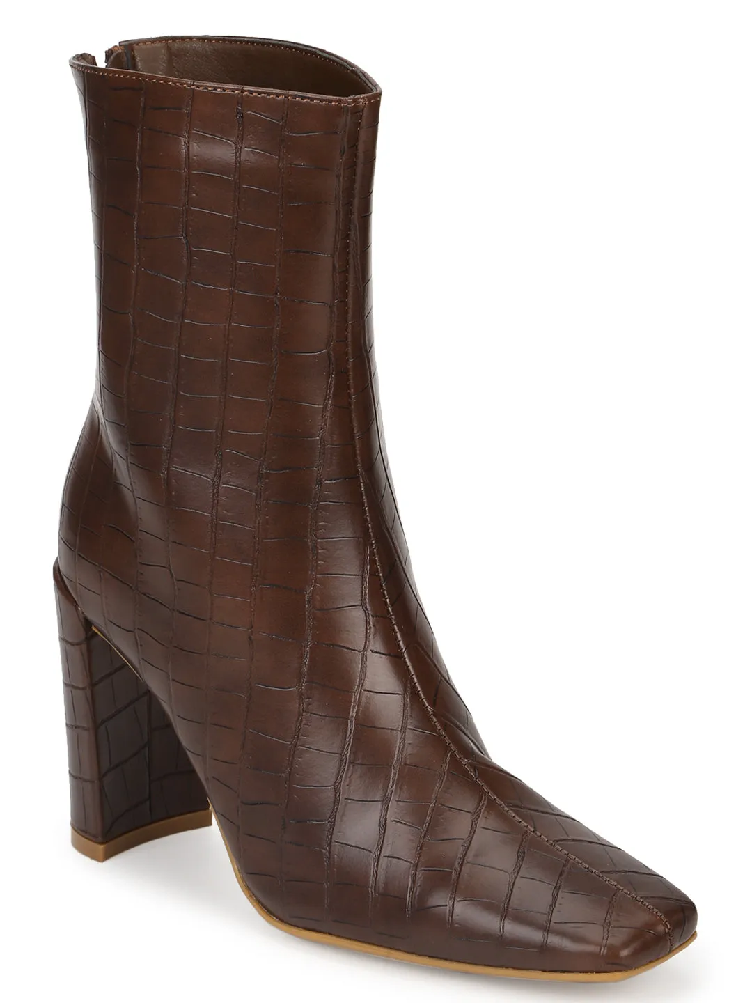 Brown Croc PU High Heel Sock Ankle Boots