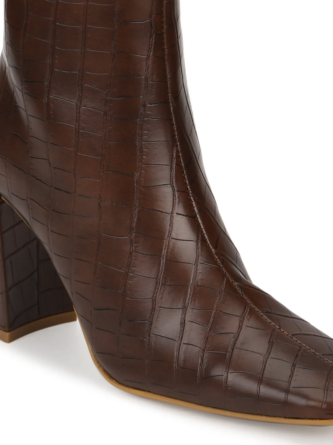 Brown Croc PU High Heel Sock Ankle Boots