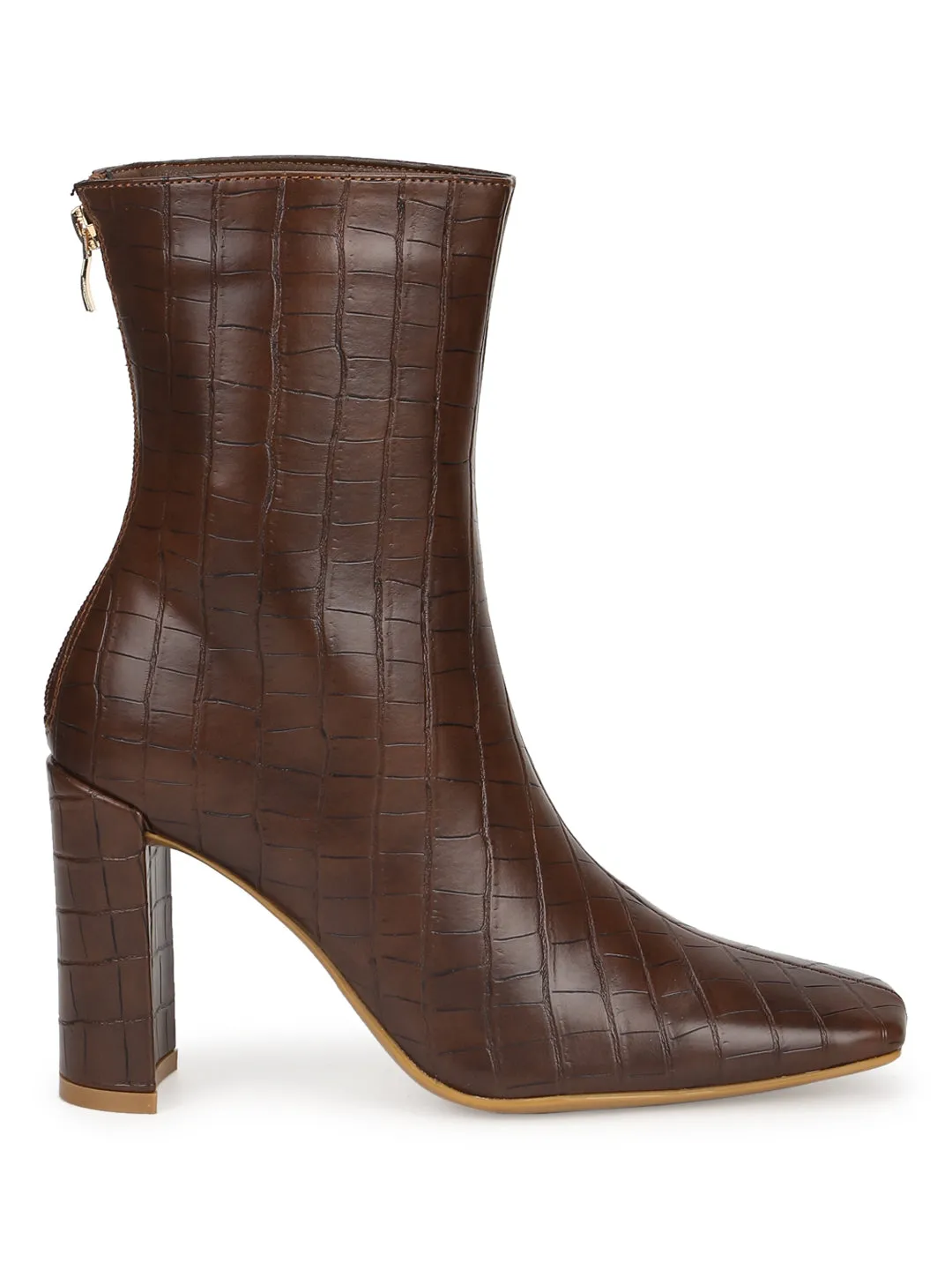 Brown Croc PU High Heel Sock Ankle Boots